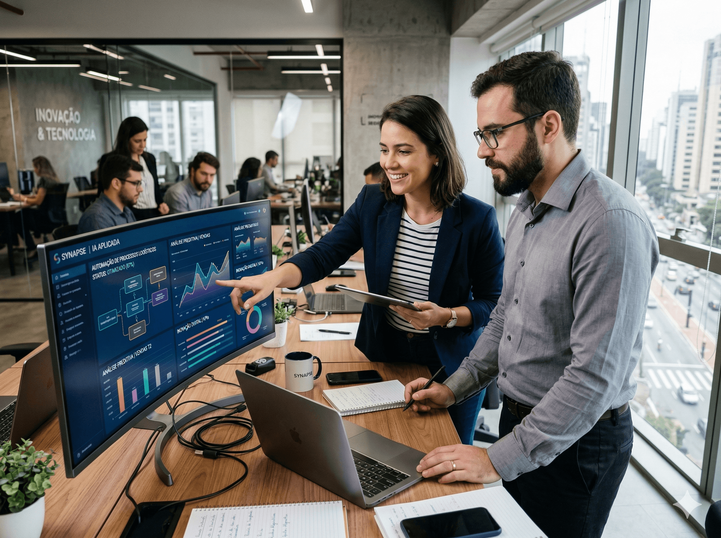 Equipe Anexa analisando dashboards de IA e automação